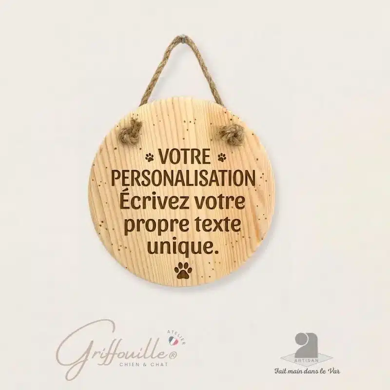 Pancarte Bois Personnalisable Chien - Atelier Griffouille Panneau en bois personnalisable pour chien, gravure artisanale sur bois massif avec texte au choix et motifs de pattes.