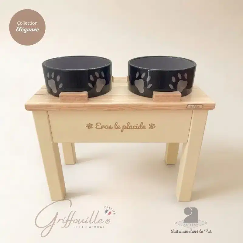 Support de gamelles double pour chien couleur crème vanille en bois artisanal haut de gamme, Collection Élégance de l'Atelier Griffouille.