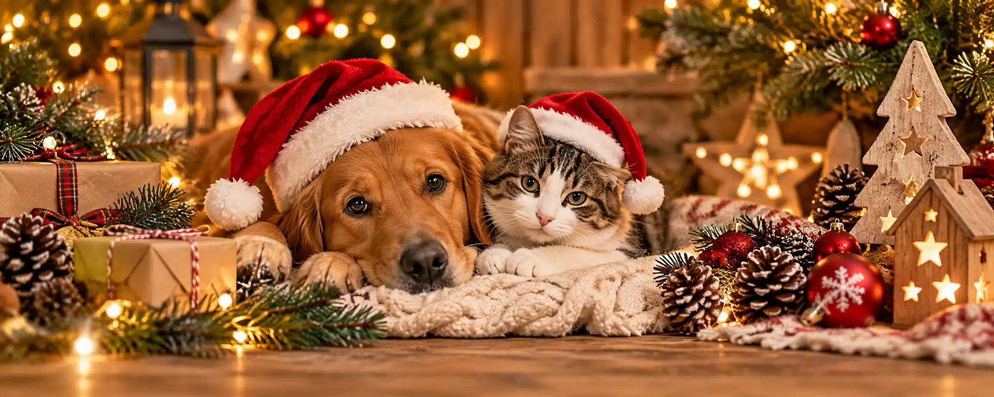 Chien et chat coiffés de bonnets de Noël dans une ambiance chaleureuse avec décorations en bois et cadeaux